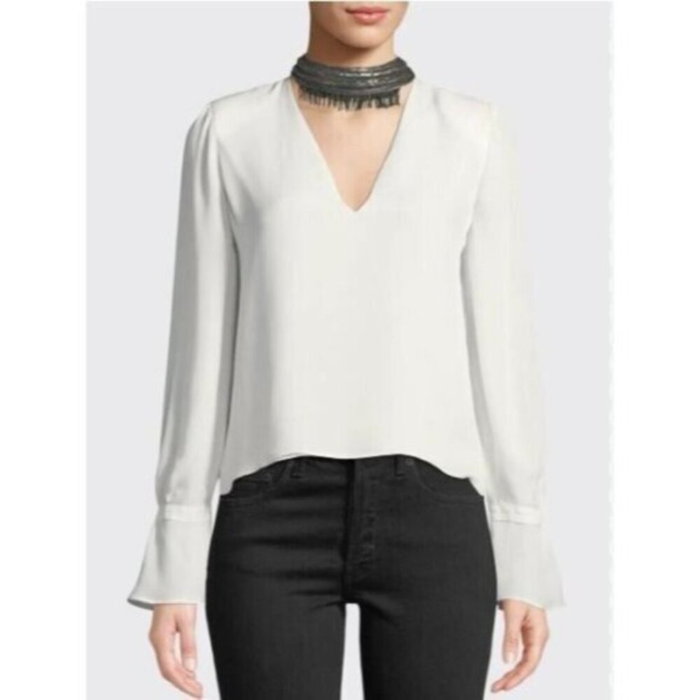 Ramy Brook Annete Embellished Silk Bell-Sleeve Top Blouse SZ S New - Defects